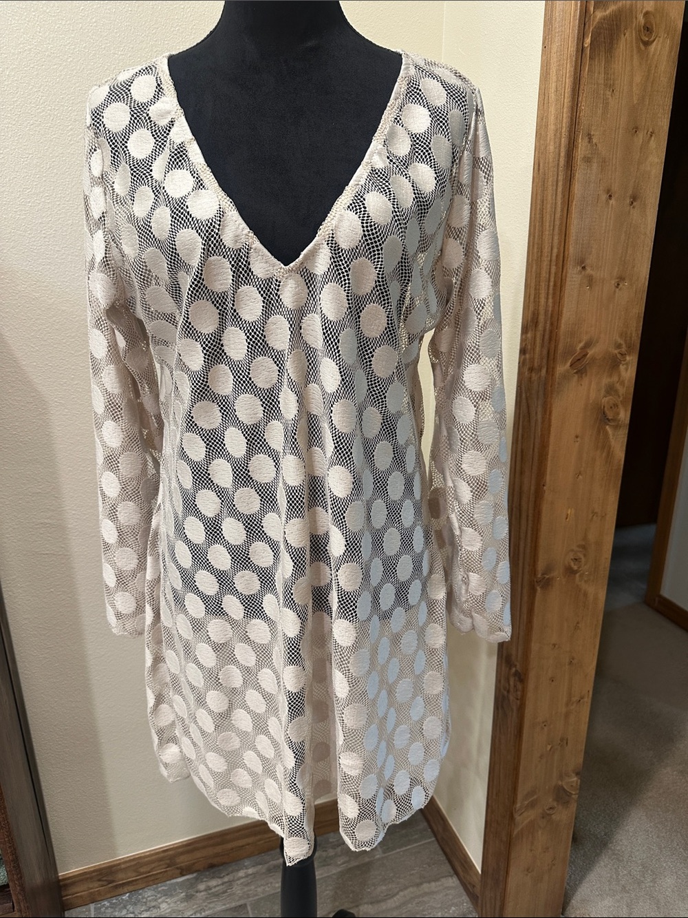 Sheer Polka Dot V-Neck Coverup - Cream